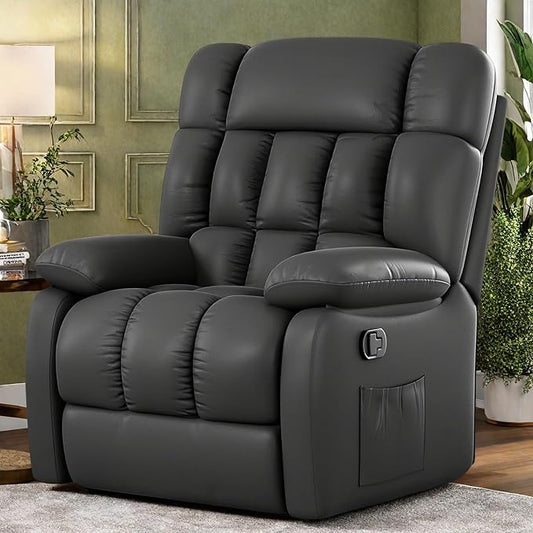 Recliner Chair, Leather Adjustable Recliner with Side Pockets, Living Room Power Reclining Lounge Chair for Adults, Small Spaces Comfy Sofa with Theater Seating for Bedroom, Black
