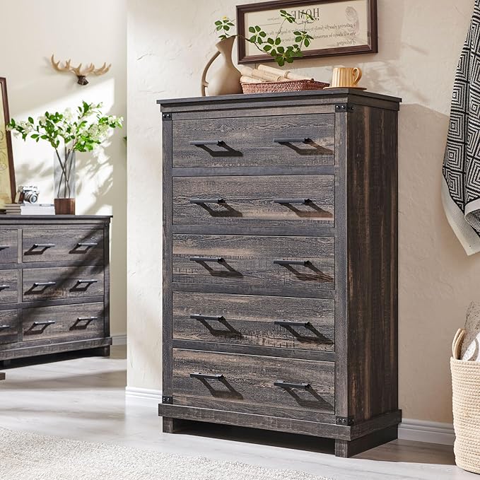 T4TREAM Farmhouse 5 Drawers Dresser for Bedroom, 48" Tall Wood Chest of Drawers w/Natural Texture & Metal Handle, Rustic Storage Dressers Organizer for Living Room, Hallway, Dark Rustic Oak