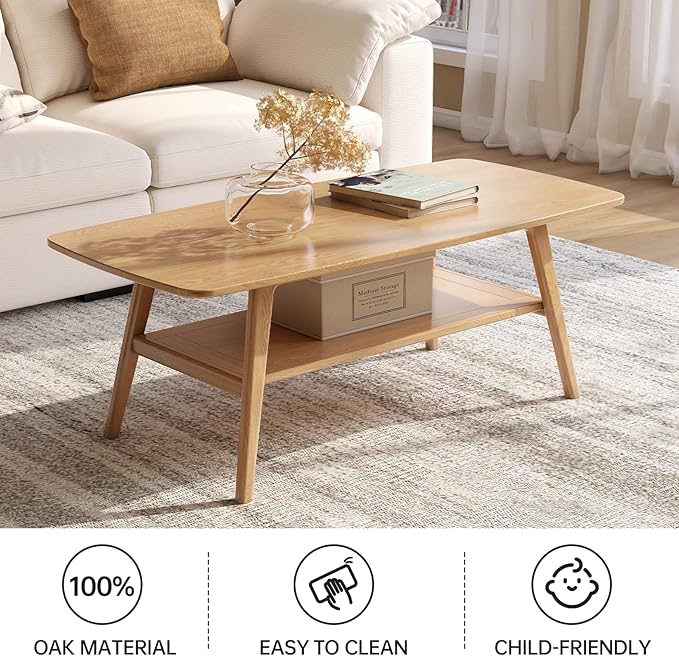 100% Solid Wood Coffee Table for Living Room, 47.24" Mid Century Modern Tables with Shelf Storage, 2-Tier Coffee Table with Rounded Corners (Oak Wood Log Color, 47.24" L)
