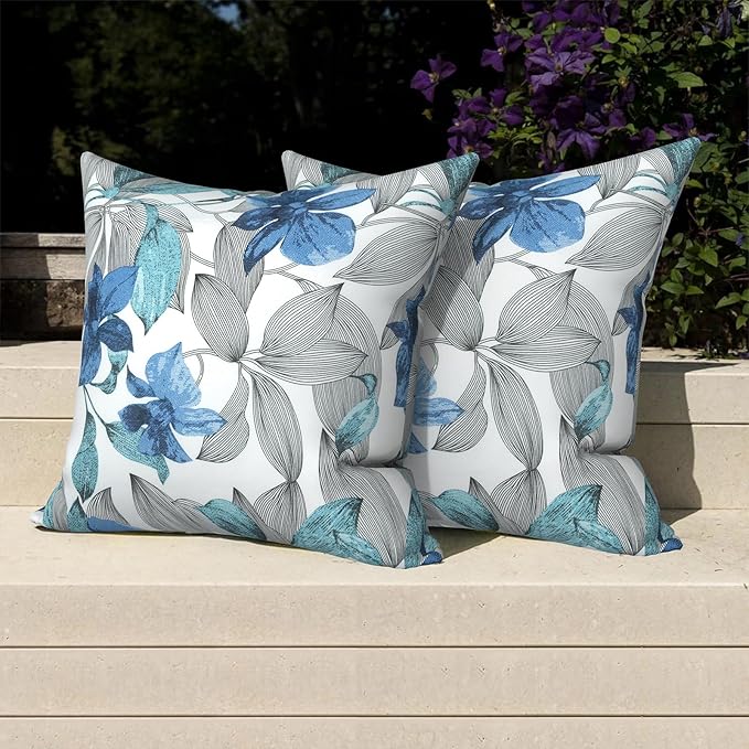 Pack of 2 Patio Throw Pillow Covers ONLY, Water Repellent Cushion Cases 20x20 Inch, Square Pillowcases for Outdoor Couch Decoration, Clemens Noir Blue