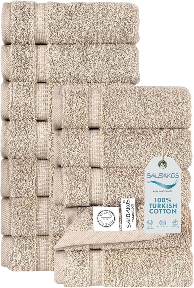 SALBAKOS 100% Turkish Cotton Washcloth Set of 12 13x13 inch | Heirloom Quality | Hotel & Spa Collection | Ultra Soft, Super Absorbent, Washcloth Towels | Made in Turkey (Taupe, 12 Washcloths)
