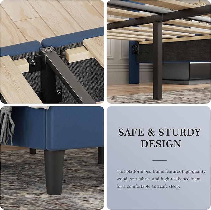 VECELO Queen Bed Frame with Upholstered Headboard, Heavy-Duty Platform Bedframe with Strong Wooden Slats Support, No Boxing Spring Needed, Dark Blue