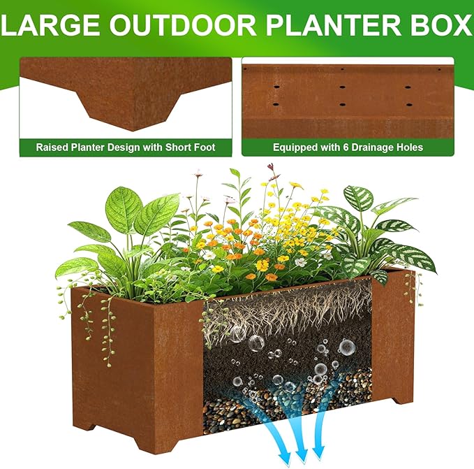 Metal Planter Box, Large Outdoor Rectangle Planters with 6 Drainage Holes & Raised Bottom, Co rten Steel Planter for Patio, Garden, Porch, 36" L x 15" W x 15" H