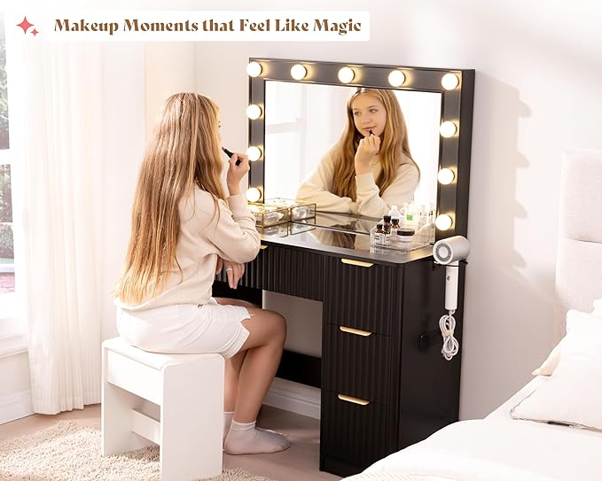 AMERLIFE 36.2" Fluted Vanity Desk with Large Mirror and Adjustable LED Lights, 4 Drawers Makeup Table with Glass Top and Charging Station for Women and Girls, Bedroom or Dorm, Black