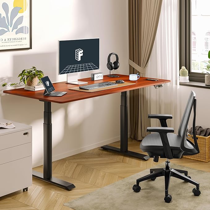 FLEXISPOT E6 Pro Oval Leg Dual Motor 3 Stages Standing Desk 60x24 Inch Electric Height Adjustable Whole-Piece Board Electric Sit Stand Up Desk 150KG Load Capacity (Black Frame + Mahogany Desktop)