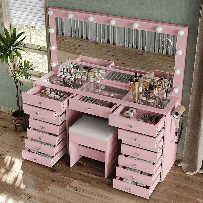 55" W Vanity Desk, Makeup Vanity with Charging Station, 15 Drawers with Lighted Mirror, 3 Lighting Modes, Brightness Adjustable, Glass Top, Vanity Table with Chair for Bedroom, Pink