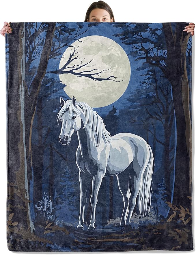 Moonlit Horse Blanket, Cozy Flannel Mystical Horses with Full Moon Throw Blanket for Couch Outdoor, Plush Soft Lightweight Travel Blankets for Bed Decor and Gifts, for Women Adults Kids 50"x60"