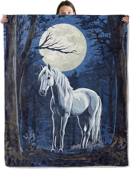 Moonlit Horse Blanket, Cozy Flannel Mystical Horses with Full Moon Throw Blanket for Couch Outdoor, Plush Soft Lightweight Travel Blankets for Bed Decor and Gifts, for Women Adults Kids 40"x50"