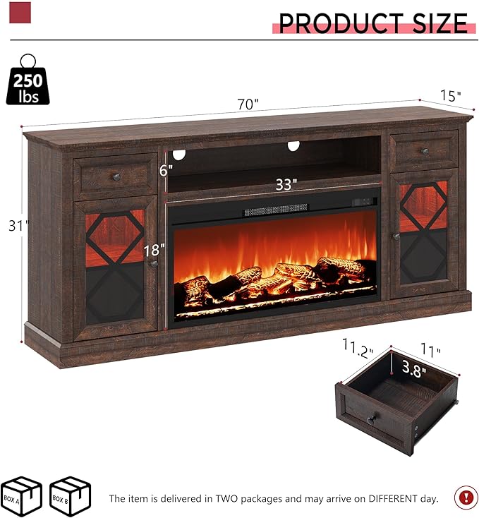 Farmhouse 70" Fireplace TV Stand with 37" Electric Fireplace, Large LED Entertainment Center with Storage for 80" TVs, TV Console Cabinet with Diamond Door for Living Room, Brown