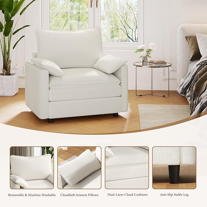 Vesgantti 40" Single Seat Sofa, Comfy Cloud Couch Deep Seat Upholstered Couch Chenille Modern Sofa with Armrest Pillow, Easy Assembly for Living Room, Bedroom and Apartment, Snow White