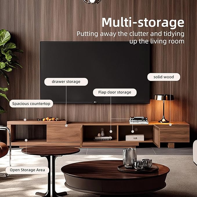 Adjustable Length 78"-103" TV Stand with 2 Doors and 2 Drawers, Entertainment Center with Storage for Living Room Bedroom, Mid Century Modern TV Console, Media Console, Television Stand, Walnut