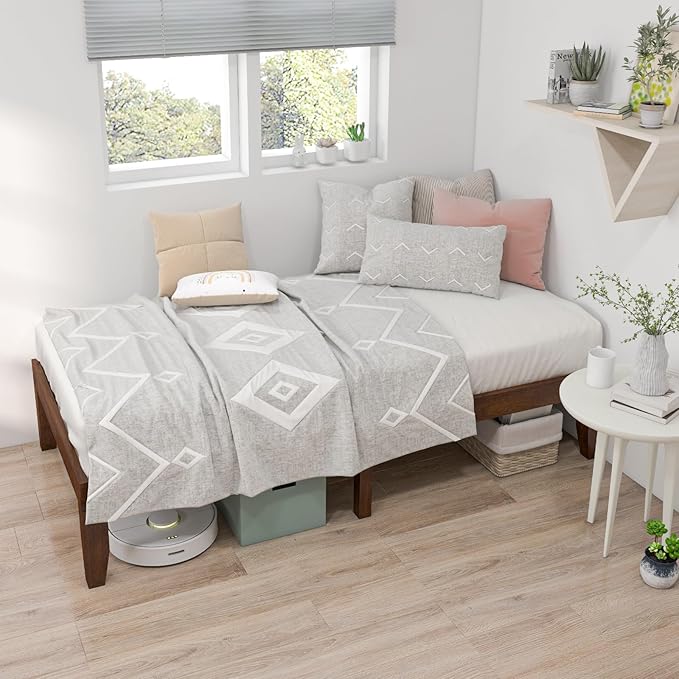 Giantex 14 Inch Twin Wood Platform Bed Frame, Minimalist Style Mattress Foundation with Solid Rubber Wood, Heavy Duty Slat Support, Without Headboard, Easy Assembly, No Box Spring Needed,Walnut