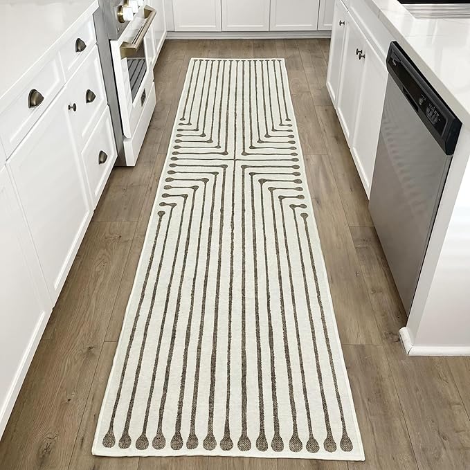 RUGGABLE x Jonathan Adler Machine Washable Modern Runner Rug – Inkdrop Camel & Ivory 2.5x12, Stain-Resistant, Non-Slip – Washable Rug for Hallway, Entryway, Living Room & Kitchen–with Standard Pad