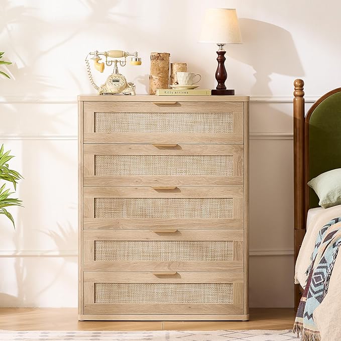 LEYAOYAO Rattan Dresser for Bedroom Set 2, 41" Tall Chest of Drawers, Modern 5 Drawers Boho Dressers with Storage, Light Oak Dresser Wooden Closet Organizer for Living Room, Hallway, Natural Wood