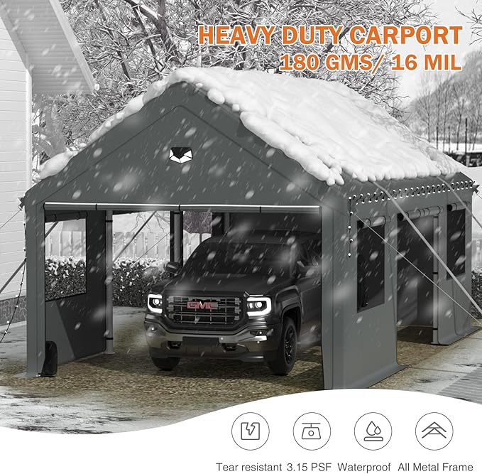 Carports 10X20 Heavy Duty，Portable Car Port Garage，Carport Canopy with Side Doors，Outdoor Car Shelter All Weather,Grey