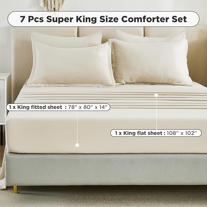 Litanika Super King Comforter Sets Beige - 7 Pieces Bed in a Bag Oversized King Bedding Comforter Sets, Solid Lightweight Bed Set with Comforter, Sheets, Pillowcases & Shams