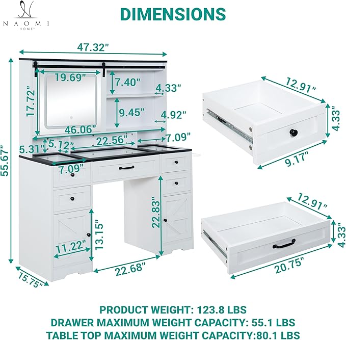 Naomi Home Vanya 47" Makeup Vanity with Sliding Mirror and Lights Farmhouse Vanity Table with 5 Drawers 2 cabinets Visible Glass top and 3 Color Lighting Modes Charging Station with Stool