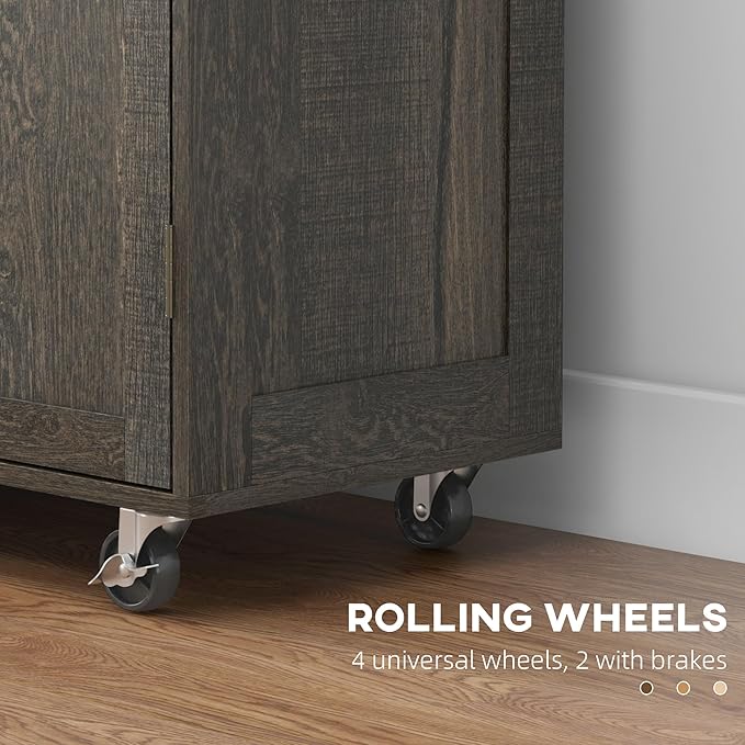 HOMCOM Triple-Cabinet Rolling Kitchen Island on Wheels, Kitchen Cart with Storage Shelf Adjustment, Rolling Utility Cart with Wood Top, Towel Rack, Big Drawer, Distressed Brown
