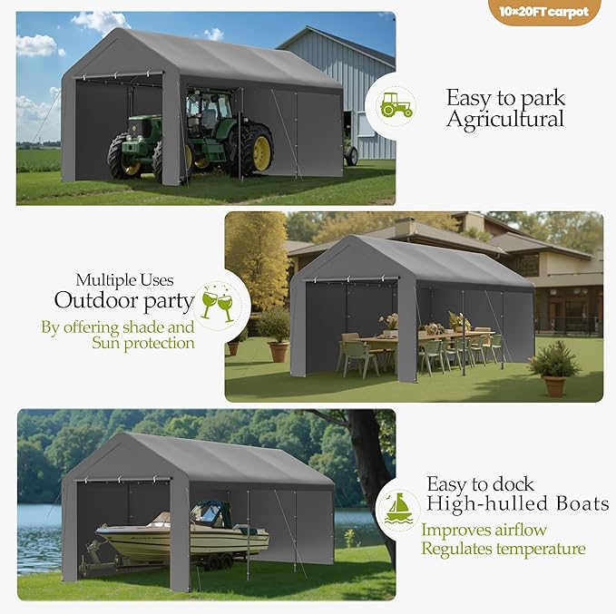 GOJOOASIS 10x20 Carport Heavy Duty Portable Garage Shelter Metal Car Canopy Tent with UV-Resistant & Weatherproof Top Cover for RV & Vehicles (Gray, 10x20 with sidewalls)
