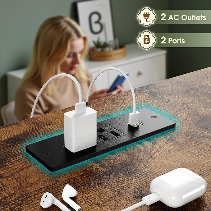 TV Stand with 12 Fabric Drawers for 55 inch TV, Entertainment Center with Charging Station & LED Lights, TV Media Console Table with 2 Open Storage Shelves for Living Room, Dorms, Wood Top, Brown