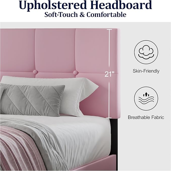 Queen Size Bed Frame, Queen Size Platform Bed Frame with Headboard, Upholstered Headboard, Sturdy Wooden Slats, Noiseless No Box Spring Required, Easy to Assemble, Pink