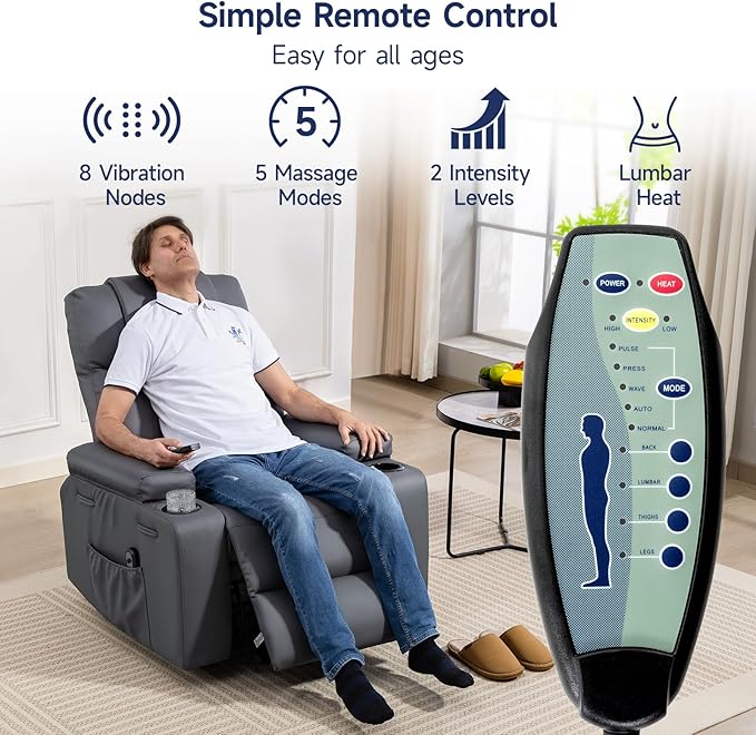 Power Lift Recliner Chair for Elderly with Massage & Heat, 160° Adjustable PU Leather Electric Recliner with Remote, Cup Holders, Side Pockets, and Stand Assist for Living Room, Bedroom (Gray)