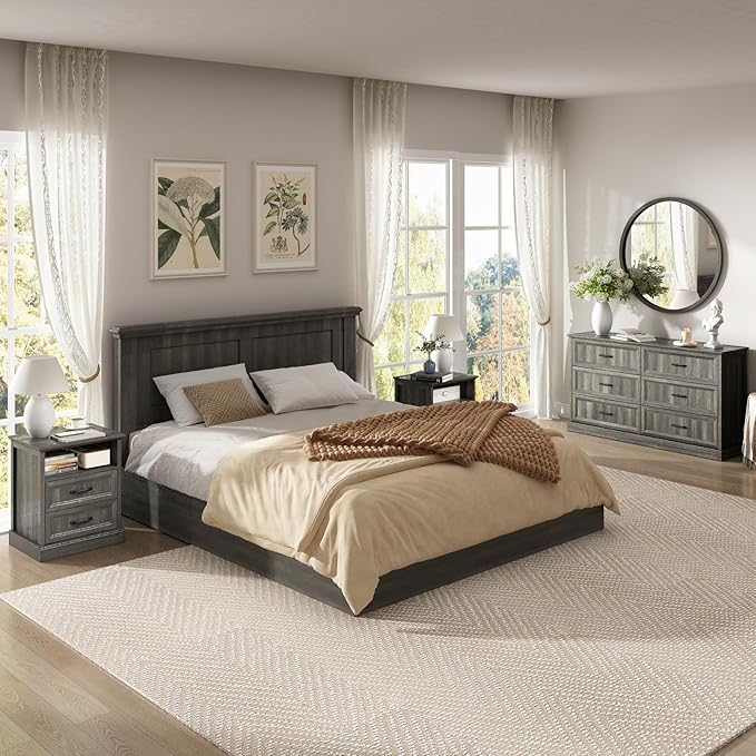 CARPETNAL Farmhouse Dresser and Nightstand Sets for Bedroom, 3 Pcs Bedroom Set, 6 Drawer Dresser & Nightstand Set of 2, Modern Wood Chest of Drawers for Bedroom, Living Room, Entryway, Grey