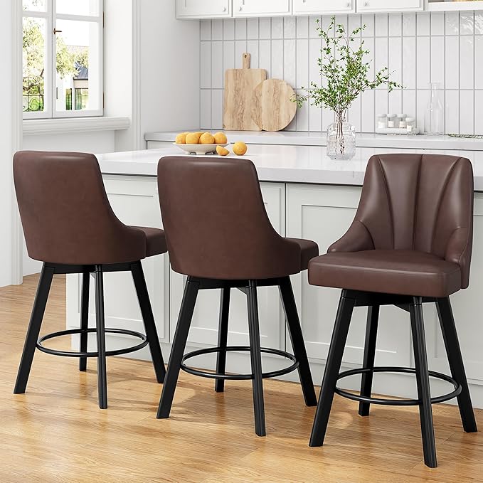 Bar Stools with Backs, PU Leather Upholstered Counter Barstools with Solid Wood Legs for Kitchen Island, Home Bar, Brown