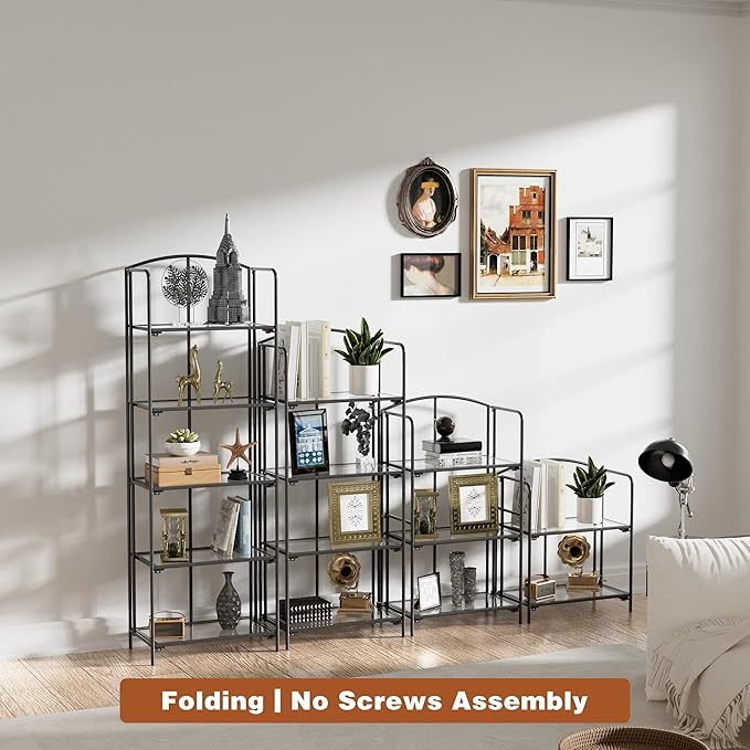 Crofy No Assembly Folding Bookshelf for Living Room, 5 Tier Black Collapsible Book Shelf for Home Office, Portable Bookcase Storage Organizer