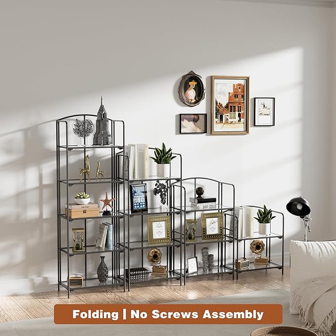 Crofy No Assembly Folding Bookshelf for Living Room, 2 Tier Black Collapsible Book Shelf for Home Office, Portable Bookcase Storage Organizer