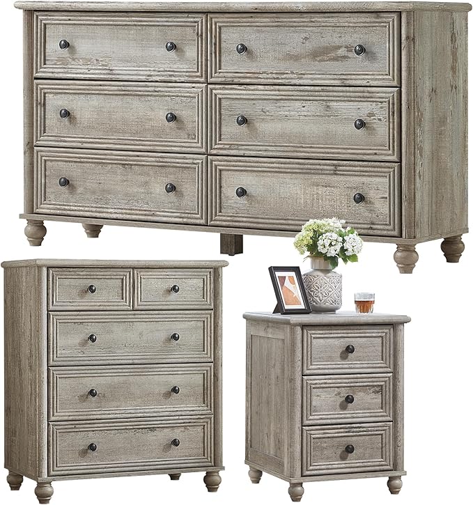Farmhouse Dressers & Night Stand Set of 3, Wood 54" Wide Dresser & 35.5"Tall Chest of Drawers, 18" Roman Column Nightstand, Bedroom Furniture 6 Drawer Dresser Set for Bedroom Home Living Room Hallway