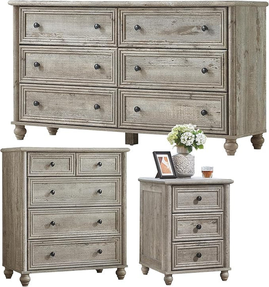 Farmhouse Dressers & Night Stand Set of 3, Wood 54" Wide Dresser & 35.5"Tall Chest of Drawers, 18" Roman Column Nightstand, Bedroom Furniture 6 Drawer Dresser Set for Bedroom Home Living Room Hallway