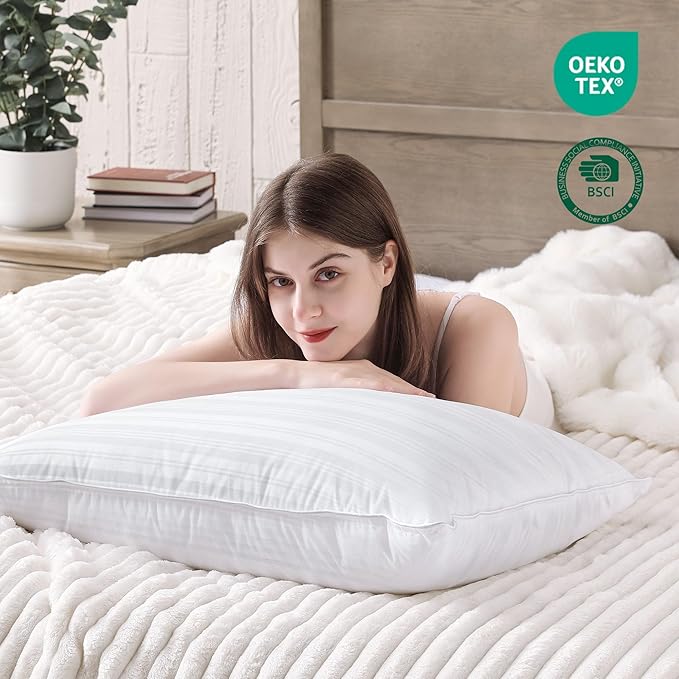 puredown® Goose Feather Down Pillows, Luxury Hotel Collection Bed Pillows for Sleeping Set of 2, 100% Cotton Cover with Silver Stripe, King Size