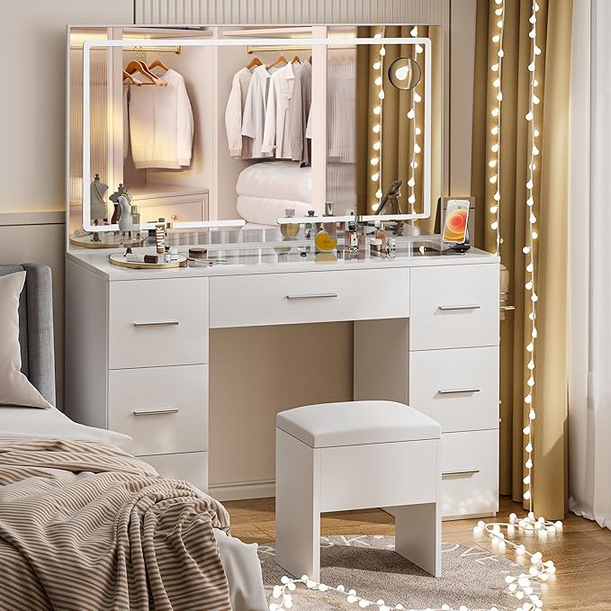 Makeup Vanity Desk with Power Outlet, 46'' Glass Top Vanity Set, 7 Drawers Vanity Table with Cushioned Stool, 3 Lighting Modes Brightness Adjustable,White