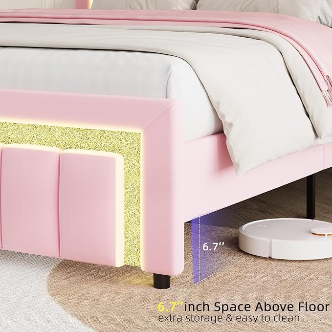 HOMBCK King Size Bed Frame with LED Lights and Velvet Upholstered Headboard, Bed Frame King with Modern Diamond Headboard Adjustable, Wooden Slats Support, Noise Free, No Box Spring Needed, Pink