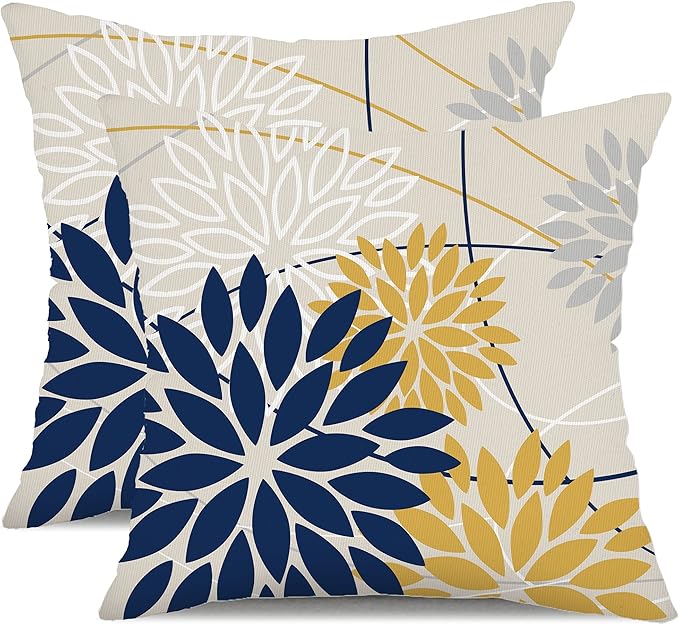 Outdoor Pillow Covers 20x20 Inch Set of 2 Navy Blue Yellow Outdoor Waterproof Decorative Throw Pillows Summer Spring Decor for Home Patio Funiture Garden Living Room Polyester Cushion Covers 01G20