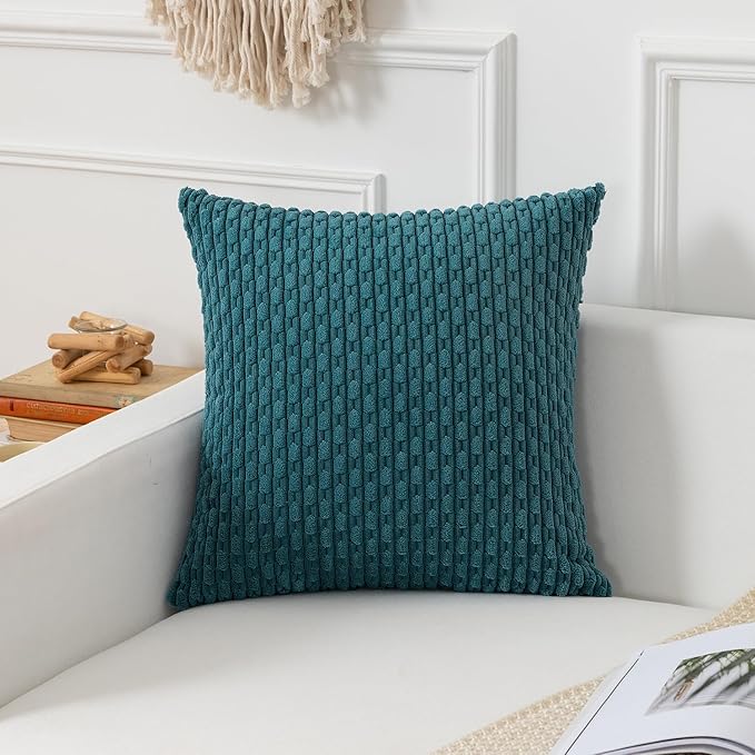 Kevin Textile Throw Pillow Covers Soft Corduroy Decorative Set of 2 Boho Striped Pillow Covers Pillowcases Farmhouse Home Decor for Couch Bed Sofa Living Room 20x20 Inch Teal Blue