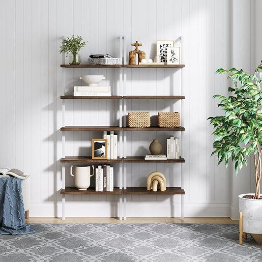 Nathan James Theo 5-Shelf Wood Modern Bookcase, Open Wall Mount Ladder Bookshelf with Industrial Metal Frame, Natural Light Brown/White, Set of 2