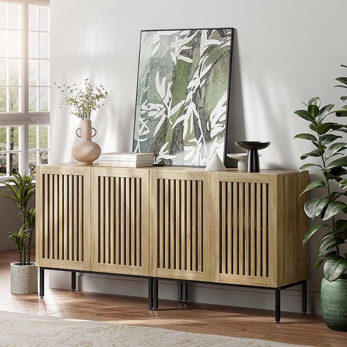 Farmhouse TV Stand for 70 Inch TVs, 2-in-1 Entertainment Center with Storage Cabinets & Metal Base,Oak Media Console for Living Room