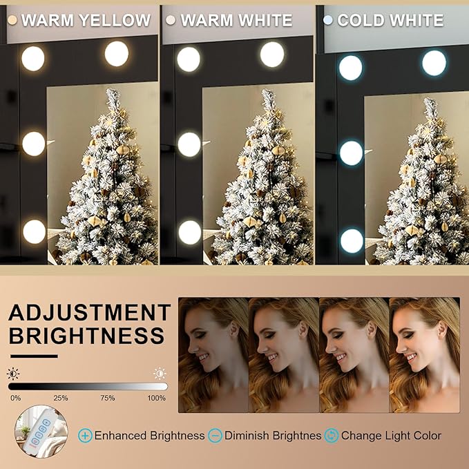 Makeup Vanity Desk with Mirror, Vanity Desk Set with Lights 3 Colors, 7 Drawers & 2 Storage Shelves, Large Vanity Table for Girls Bedroom, Black