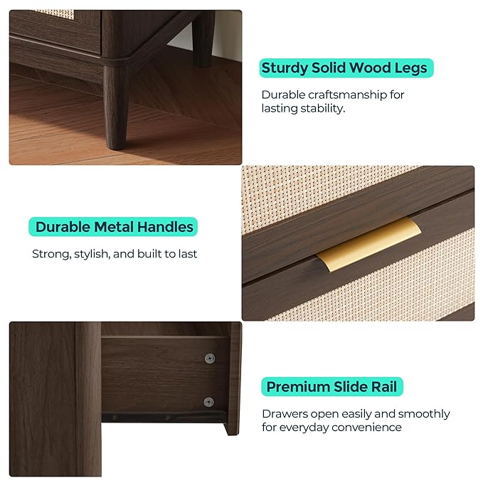 LINSY HOME Rattan Dresser for Bedroom with 6 Drawers, 47" Wide Chest of Drawers, Mid Century Modern Dresser TV Stand with Metal Handle, Wood Closet Storage Cabinet for Living Room, Hallway, Walnut