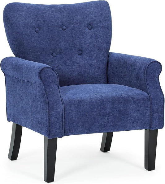 Athena Collection Mid Century Accent Chair with Rubberwood Legs, Upholstered Modern Armchair with High Back, Tufted Backrest and Angled Back Legs for Living Room, Bedroom, Vanity, Navy Blue