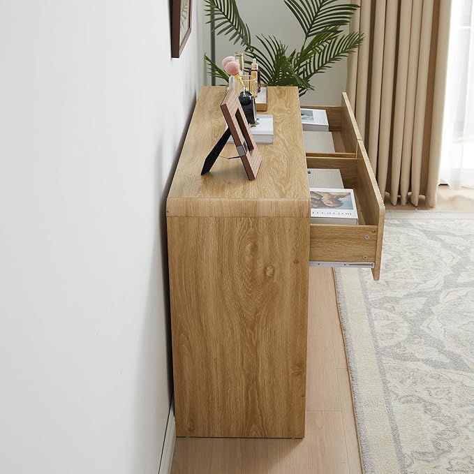 Fluted 6 Drawers Dresser for Bedroom, 53" Wide Mid Century Modern Chest of Drawer with Curved Profile Design, Large Double Wood Dresser for Living Room