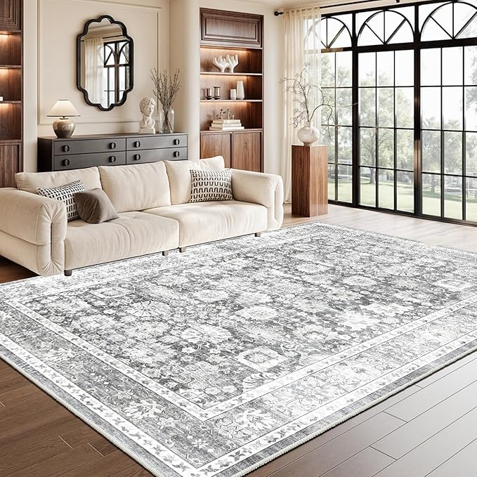 HOMFINE Machine Washable Rug 8'x10' - Vintage Design Area Rugs with Non Slip Rugs for Living Room Bedroom Floral Print Rug Carpet Stain Resistant, Home Decor Office Area Rug, Light Grey