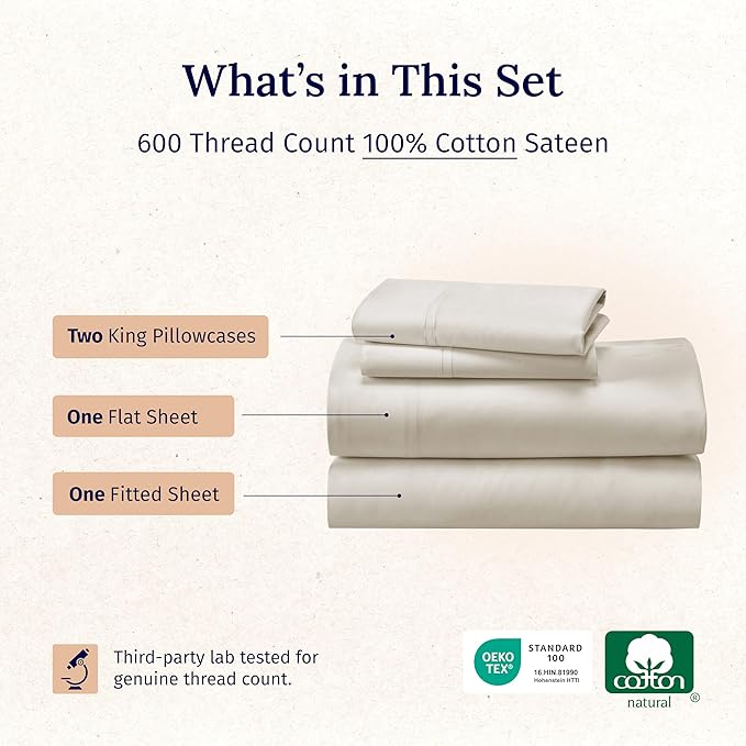 California Design Den California King Sheet Set - 100% Cotton, 600 Thread Count Deep Pocket Cal King Sheet Set, Luxury Soft Hotel-Quality, Sateen Weave - Creamy Beige