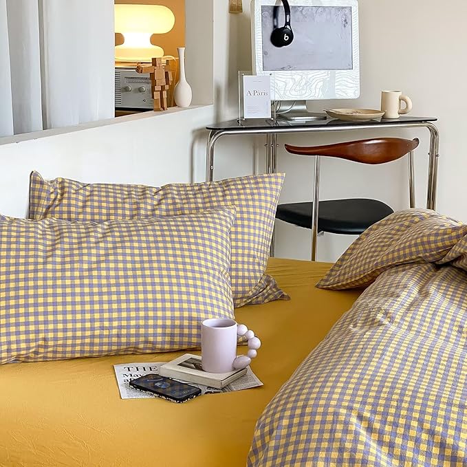 mixinni Yellow/Purple Gingham Comforter Set Queen, Plaid Comforter Set 3 Pieces 1 Vintage Grid Comfoter with 2 Pillow Cases for All Seasons, Soft Fluffy Modern Grid Pattern Printed Bedding-Queen Size