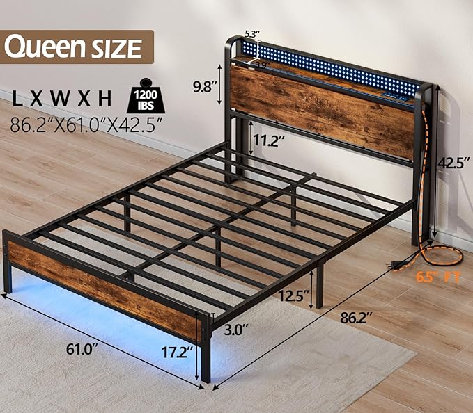 Furnulem Queen Bed Frame with Charging Station and LED Lights,Industrial Platform Beds Queen Size with Storage Headboard,USB Port,Rustic Wood and Strong Metal Support,No Box Spring Needed, Noise Free