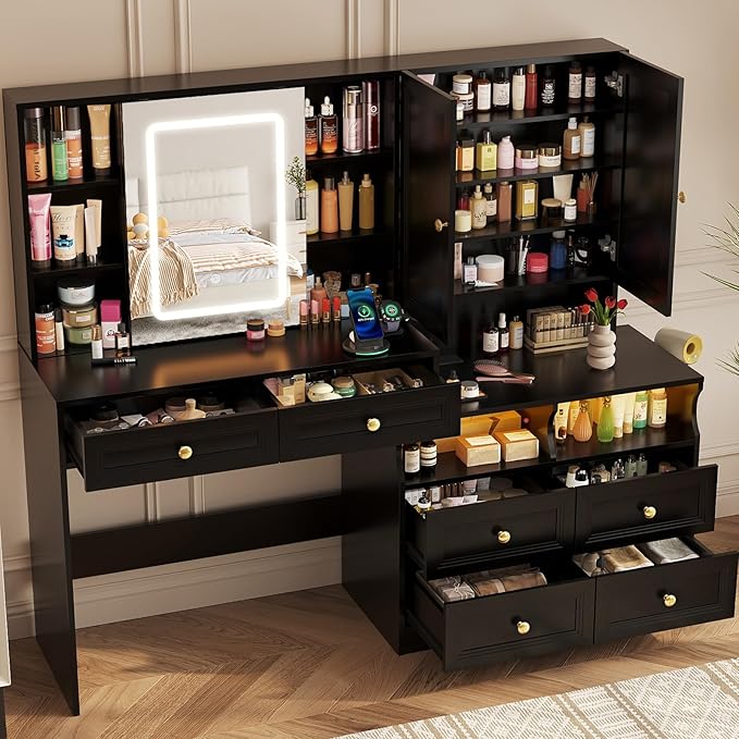 Large Black Vanity Desk with Sliding Mirror & Lights, Big 58.6" Makeup Vanity Table & Nightstand Combo with Power Outlet and 6 Drawers 15 Shelves with Light Strips for Bedroom