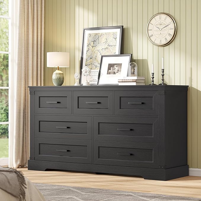 Hasuit Black Dresser for Bedroom, Wooden 55.1" Long Dressers Chest of Drawer, Farmhouse 7 Drawer Dresser with Thick Styling, Large Capacity Storage Cabinet Organizer, Wide Dressers for Bedroom Hallway