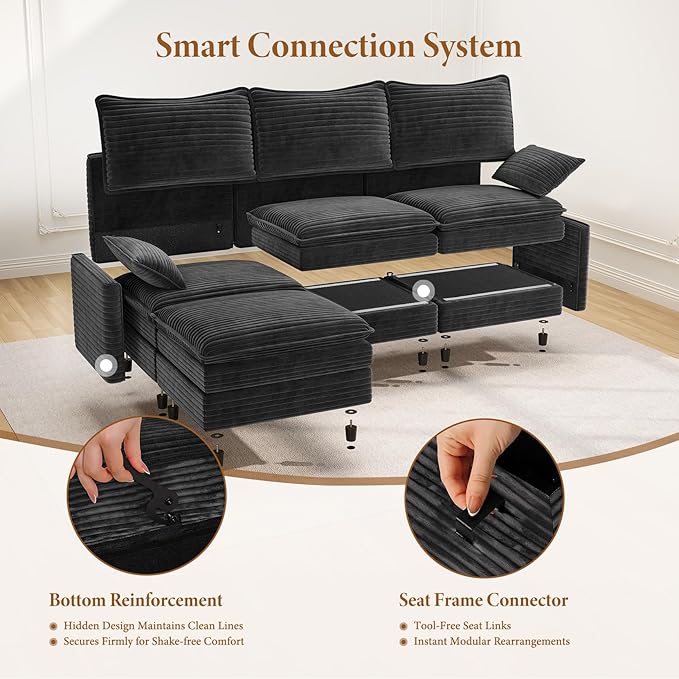 Vesgantti Large Modular Sectional Sofa, Big Comfy Cloud Couch with Ottoman Deep Seat Corduroy Cloud Sofa, 8 Seater Large Sectional Couches for Living Room, Bedroom and Apartment, Gray